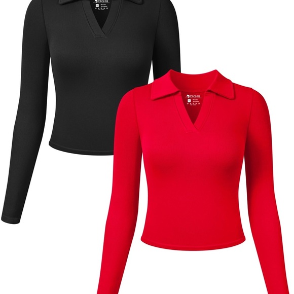 Black and Red Long Sleeve Crop Tops - Picture 1 of 2